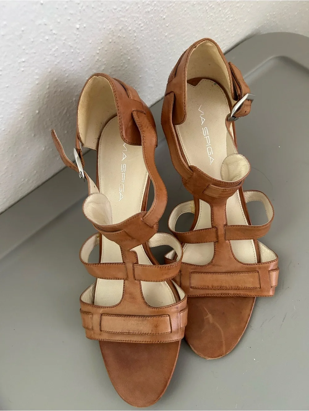 Via Spiga Cognac Leather Strappy High Heel Sandals